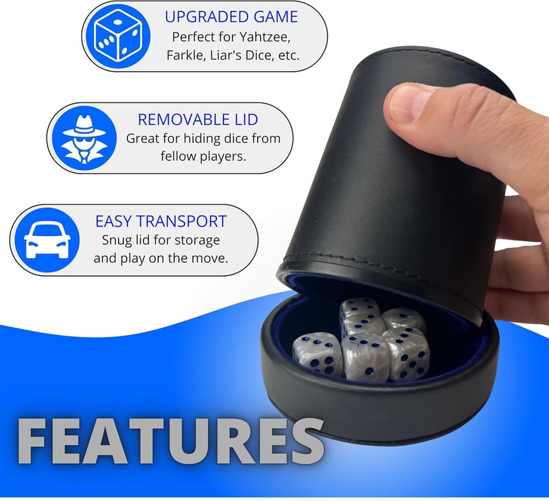 Luck Lab Black Leather Dice Cup with Lid Including 6 Matching Pearl Dice - Blue Velvet Interior for Quiet Shaking - Use for Liars Dice Farkle Yahtzee Board Games, Black - Image 4